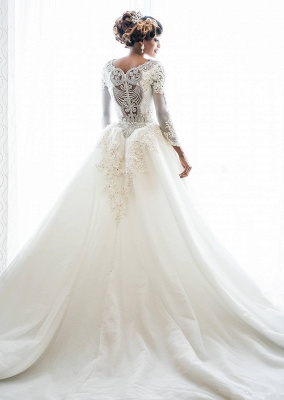 Meerjungfrau-Brautkleid mit Sweep-Zug-Perlen-Hochzeitskleid mit langen Ärmeln und Spitzenapplikationen_6