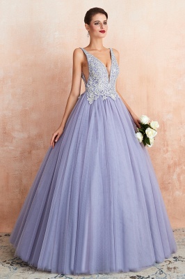 Chic Aline Abendkleid Ärmelloses Tüll-Ballkleid mit Blumenspitze_5