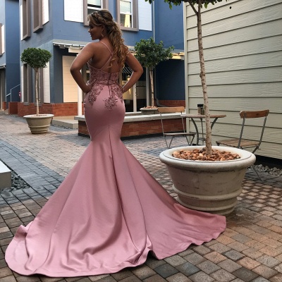 Spaghetti Straps Mermaid Pink Prom Dresses | Beads Appliques Open Back Sexy Evening Gowns_2