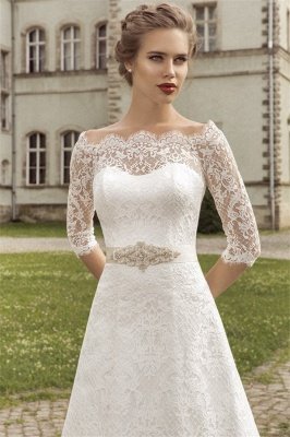 Royal Full Lace Brautkleider Halbarm A-Linie Brautkleid mit Kristallschärpe VK036_3