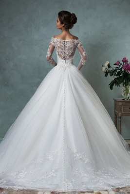 Lace Long Sleeves A-line Wedding Dresses Off-Shoulder Lace Applique Sheer Back Bridal Gowns_4