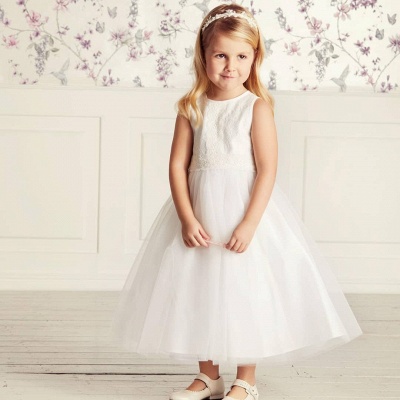 Schöne weiße Tüll kleine Mädchenkleider für die Hochzeit Ärmelloses Blumenmädchenkleid mit Juwelenausschnitt_5