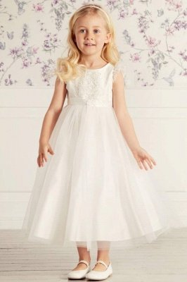 Cap Sleeves Lace Tulle Flower Girl Dress with Ribbon Belt_1