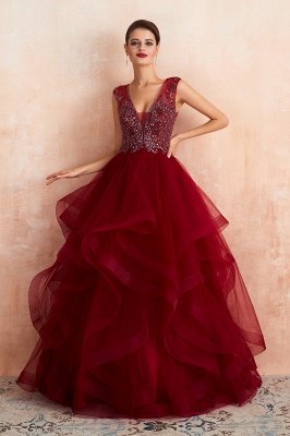 Amazing Deep V-Neck Burgundy Layers Tulle Long Evening Dress Sparkly Beadings Sequins Party Dress