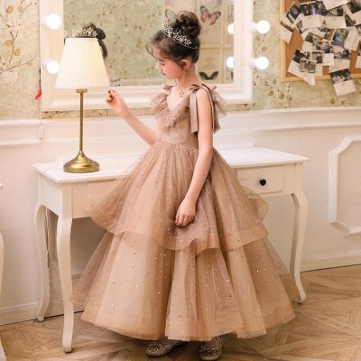 Vestido de princesa de dos capas de tul con mangas abullonadas y cuello en V para niñas pequeñas_4