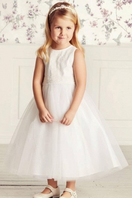 Lovely White Tulle Little Girl Dres for Wedding Sleeveless Jewel Neck Flower Girl Dress_1