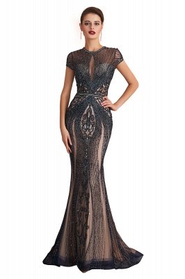 Glamouröses schwarzes Meerjungfrau-Abschlussballkleid mit kurzen Ärmeln und Schlüsselloch, langes Abendkleid_1