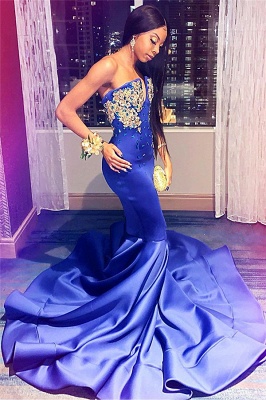 Royal Blue Ballkleider mit goldenen Applikationen | Sexy trägerlose ärmellose Meerjungfrau-Abendkleider JY0020_2