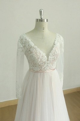 Elegant White /Ivory Long Sleeves Lace Aline Wedding Dress V-Neck Floor Length Bridal Dress_4