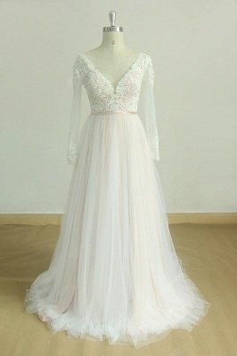 Elegant White /Ivory Long Sleeves Lace Aline Wedding Dress V-Neck Floor Length Bridal Dress_1