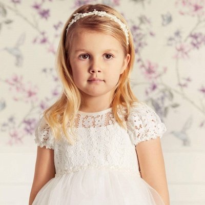 Cute Jewel Puffy Sleeves A-line Encaje Tulle Vestidos de niña de flores blancos con cinturón_3