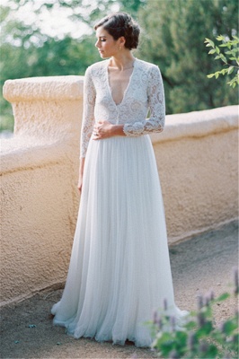 V-Neck Lace Long Sleeve Vintage Bridal Gown Latest Floor Length Custom Made Wedding Dress_1