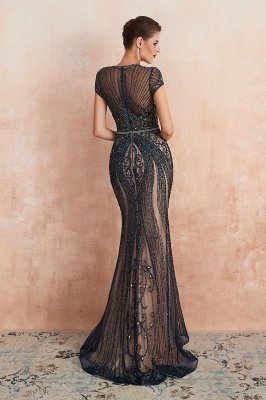 Glamorous Black Beadings Mermaid Prom Dress Short Sleeves Key Hole Long Evening Dress_18