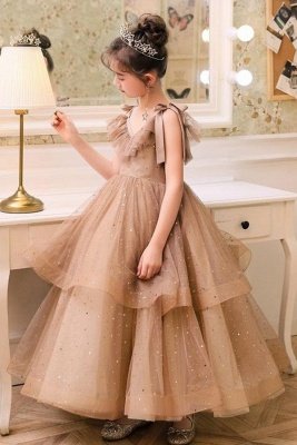 Robe de princesse deux couches en tulle à manches bouffantes et col en V pour petites filles_1