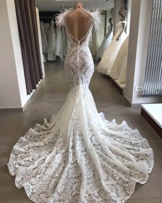 Superbe robe de mariée sirène Robe de mariée en fourrure de dentelle florale_3