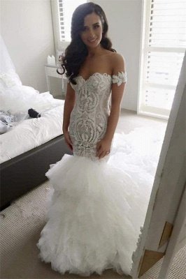 Off The Shoulder Mermaid Wedding Dresses  | Online Long Train Bridal Gowns With Ruffles_2