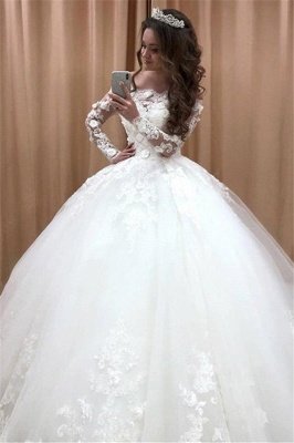 Glamorous Off Shoulder Long Sleeves Wedding Dresses | Lace Flowers Bridal Ball Gown 2021_2