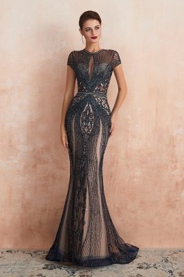 Glamorous Black Beadings Mermaid Prom Dress Short Sleeves Key Hole Long Evening Dress_14