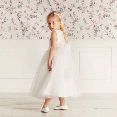 Weißes Tüll Perlen Blumenmädchenkleid Ärmelloses langes Hochzeitsfestkleid für Kinder_2