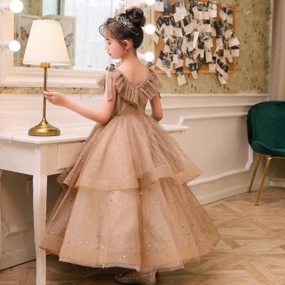 Robe de princesse deux couches en tulle à manches bouffantes et col en V pour petites filles_2