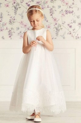 Schönes ärmelloses Prinzessin kleines Mädchen Kleid Jewel Neck Tüll Spitzenkleid für Braut Mädchen_1
