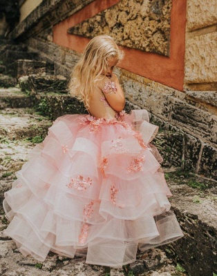 Schöne Juwel Kurzarm Tiered Tüll Blumenmädchen Kleider mit handgemachten Blumen | Long Sheer Little Girl Festzugskleid_2