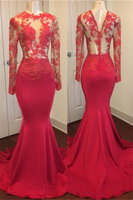 Red Lace Appliques Mermaid Prom Dresses with Sleeves on Mannequins