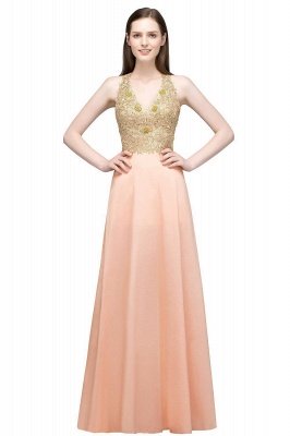 RENA | A-line Floor Length Spaghetti V-neck Appliqued Chiffon Bridesmaid Dresses_1