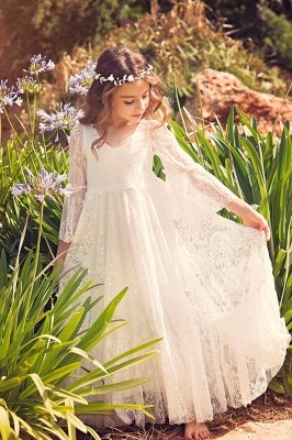 Boho Blumenmädchenkleid mit langen Ärmeln und Spitze Festzugkleid für Kinder_4