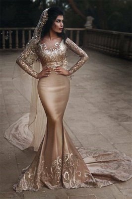 Gold Lace Appliques Two Piece Prom Dresses | Long Sleeve Mermaid Sexy Wedding Dress_2