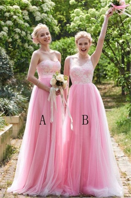 Lace Floor-length Sleeveless Straps Amazing Pink A-line Bridesmaid Dress_2