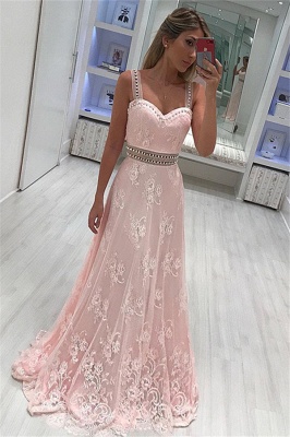 A-line Elegant lace Strape prom dresses_2