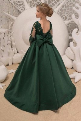 Satin Dark Green Jewel Lace Flower Girl Dresses With Bow| Long Sleeves Floor Length Girl Party Dresses_2