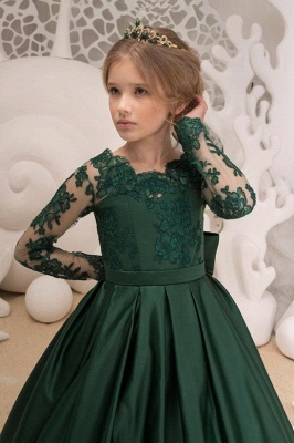 De niña de flores de encaje joya verde oscuro satinado con lazo | Vestidos de fiesta de niña de manga larga hasta el suelo_3