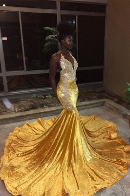 Chic V-Neck Sleeveless Mermaid Appliques Yellow Prom Dress_2