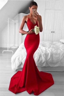Mermaid Lace Sexy Red V-Neck Long Lace Prom Dress_2