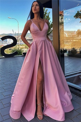 Spaghetti Straps Sexy Side Slit Formal Dresses  | Sleeveless Open Back Long Evening Gowns_5