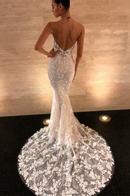 Spaghetti Straps V Neck Lace Mermaid wedding Dress Backless Floral Floor Length  Dress for Women_1