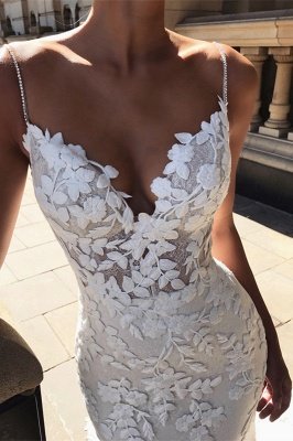 Spaghetti Straps V Neck Lace Mermaid wedding Dress Backless Floral Floor Length  Dress for Women_2
