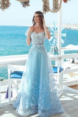 Exquisite A-Line Floral Prom Dresses | Off-The-Shoulder Short Sleeves Beaded Prom Dresses With Bows_2