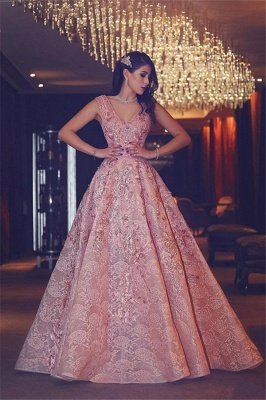 Flowers Beading Luxury Pink Puffy V-Neck Lace Evening Gowns_2