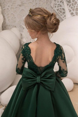 Satin Dark Green Jewel Lace Flower Girl Dresses With Bow| Long Sleeves Floor Length Girl Party Dresses_4