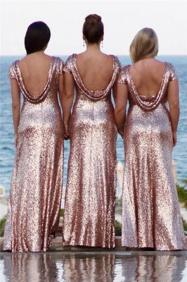 Sequined Pink Gorgeous Jewel Mermaid Short-sleeve Bridesmaid Dress_2