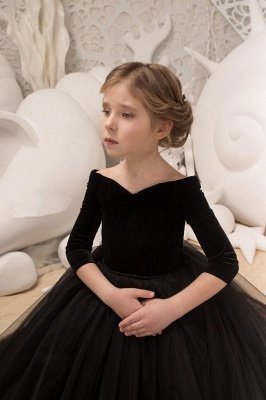 Off-the-Shoulder Velvet Floor Length Flower Girl Dresses|A Line Little Girl Pageant Dresses With Flowers_3