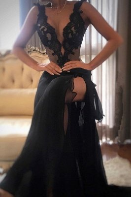 Robe de bal noire sexy | Robes de soirée en dentelle avec fente_2