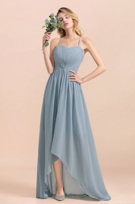 Halter Ruched Chiffon Hi-Lo Dusty Blue Bridesmaid Dress Sleeveless Wedding Guest Dress