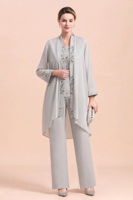 Elegant Sleeveless Silver Lace Appliques Chiffon Mother of Bride Pant Suits