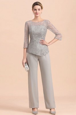 3/4 Sleeves Lace Chiffon Silver Mother of Bride Jumpsuit for Wedding Party