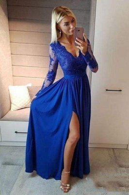 Royal Blue V Neck Long Sleeve Prom Floor Length Split Evening Dress with Lace_1