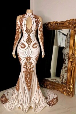 Gorgeous Beading Sequins Keyhole Neckline Long Sleeves Mermaid Formal Gowns_1
